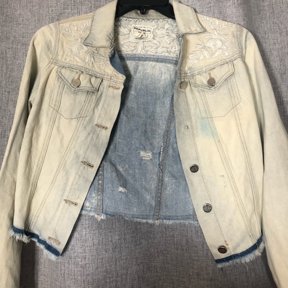 For The Republic White and Blue Denim Jacket small